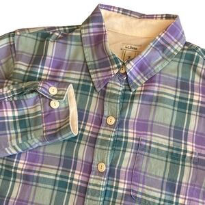 LL Bean Mens M Fleece Lined Flannel Shacket Purple Teal Plaid Cotton Button Up